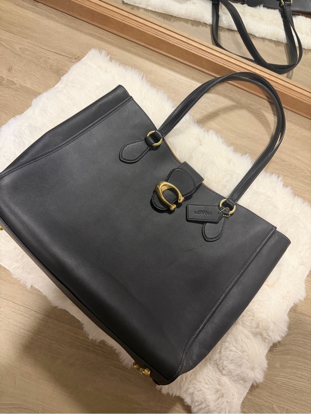 Coach THEO Black Leather Tote with Signature Turnlock